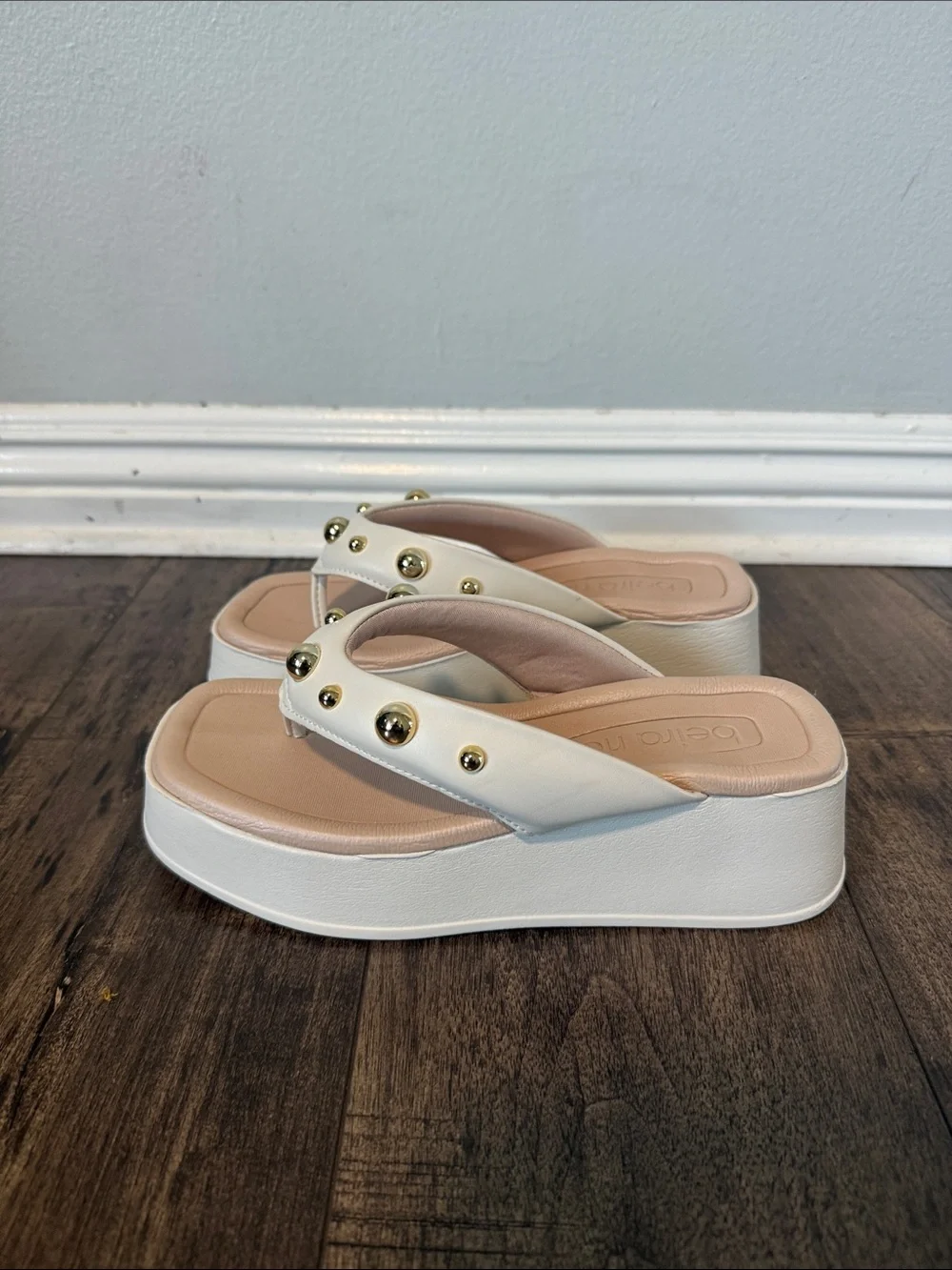 White Platform Thong Sandals with Blush Footbed and Gold Studs